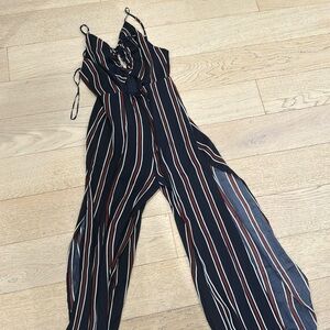 Red white blue navy jumpsuit open back tie front slit leg S